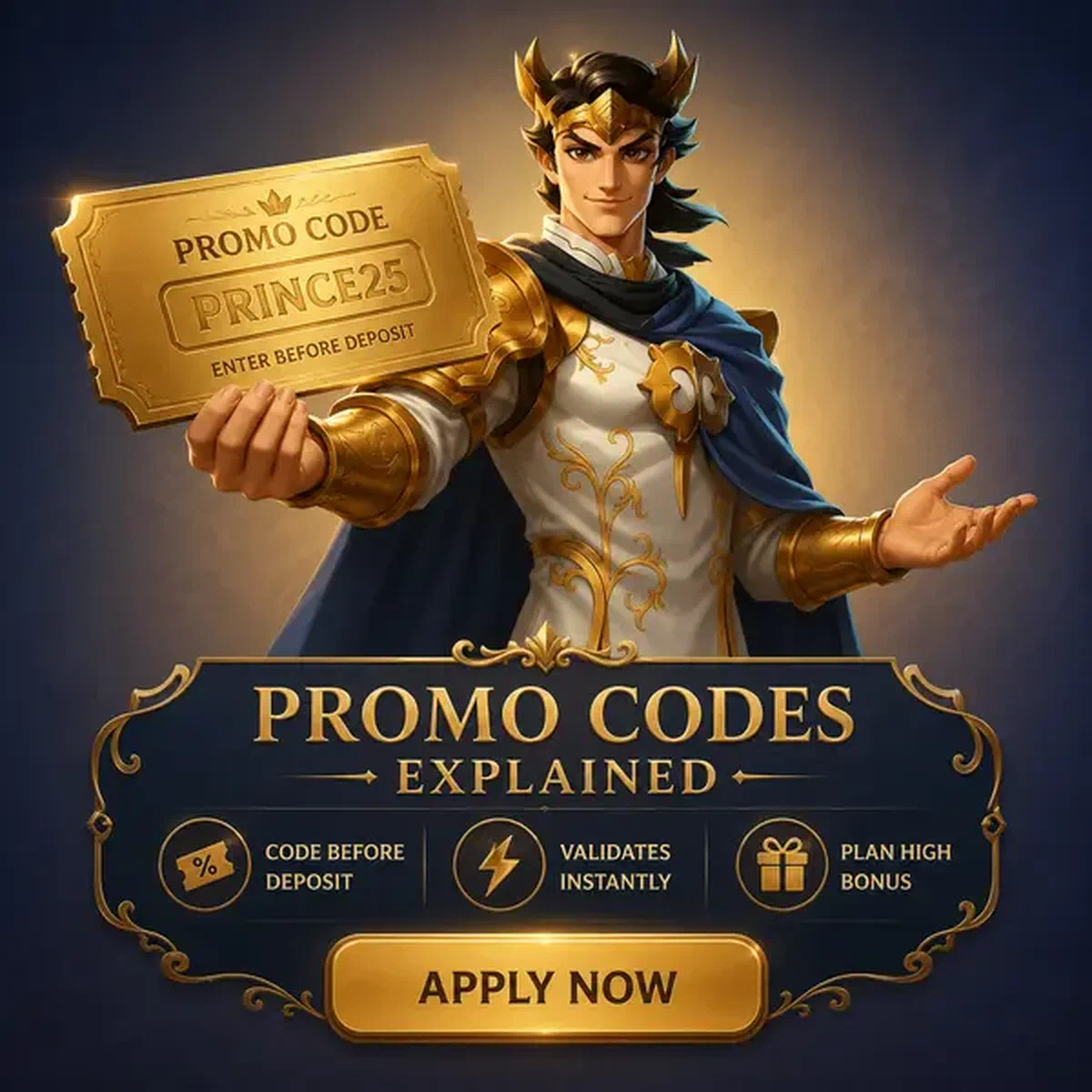 Elegancki książę prezentujący kupon z kodem promocyjnym w kasie BetOnRed Casino