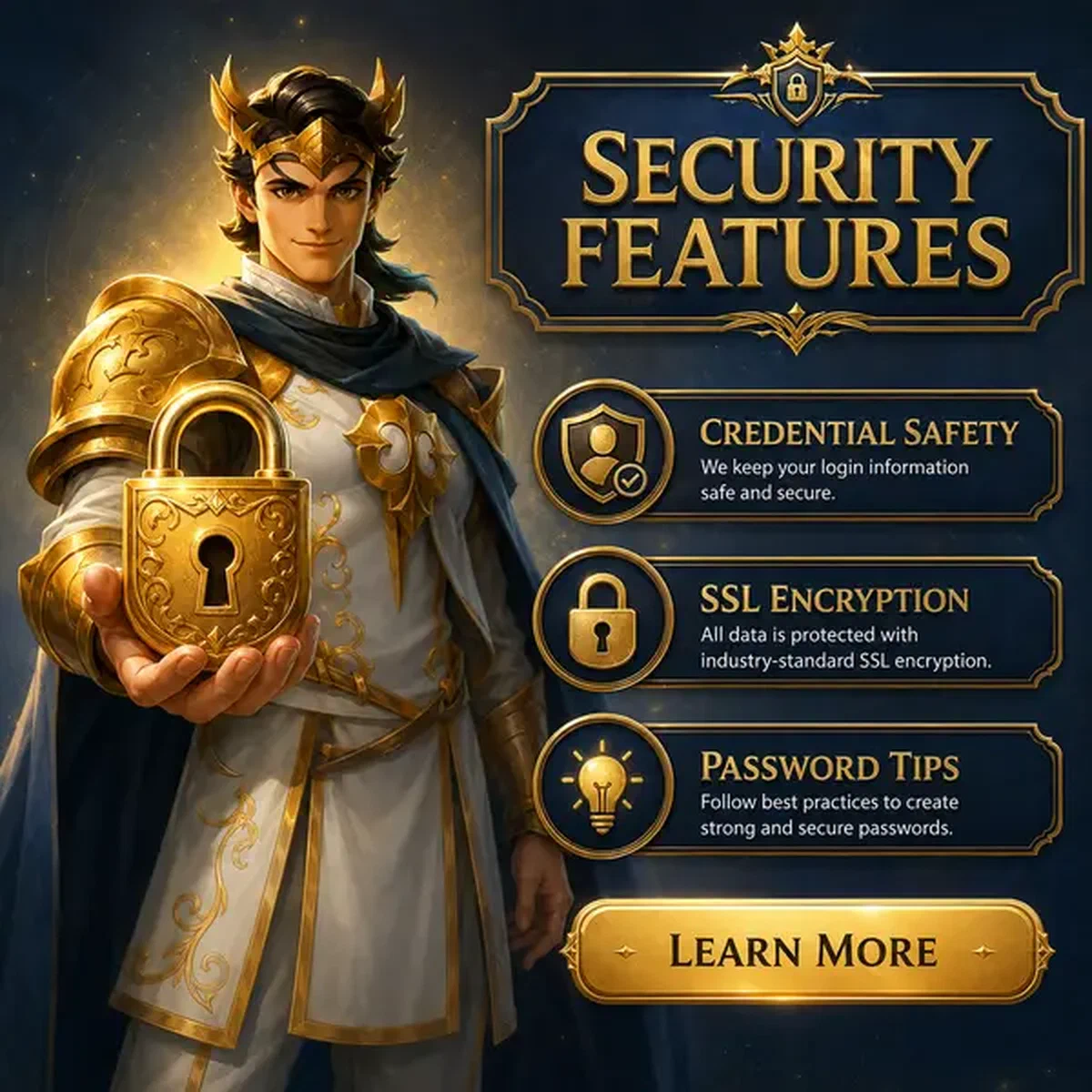 Książę Wewnętrznej Twierdzy prezentuje złotą kłódkę bezpieczeństwa w portalu logowania Security Features