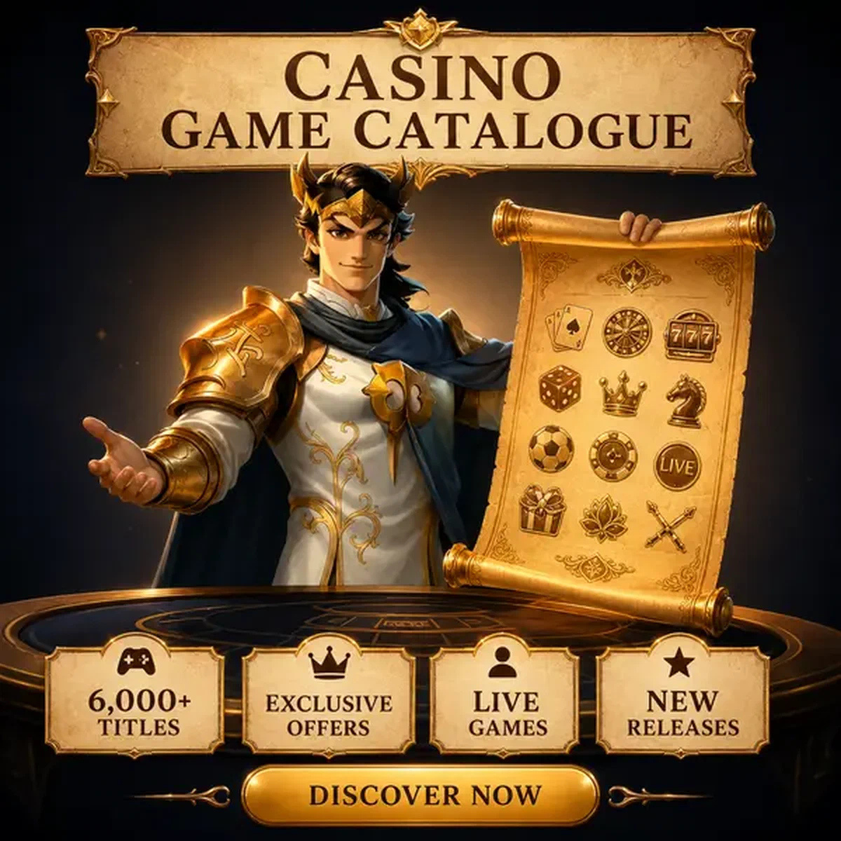 Książę prezentujący katalog gier kasynowych ze złotym zwoju w sali gier BetOnRed Casino